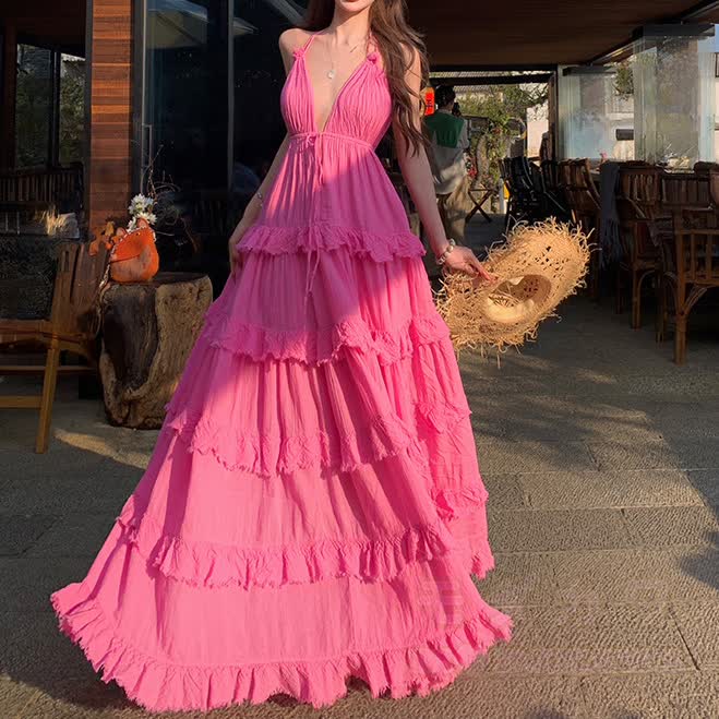 Boho Maxikleid mit tiefem V-Ausschnitt, Spaghettiträgern und Rüschen - image 6