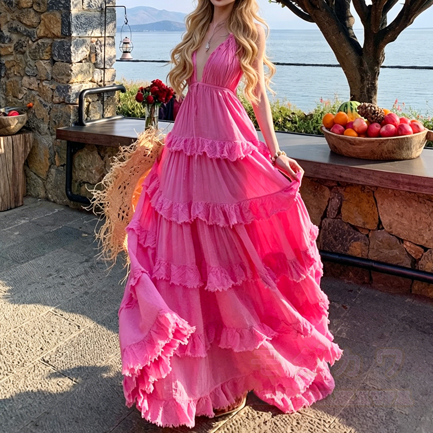 Boho Maxikleid mit tiefem V-Ausschnitt, Spaghettiträgern und Rüschen - image 4