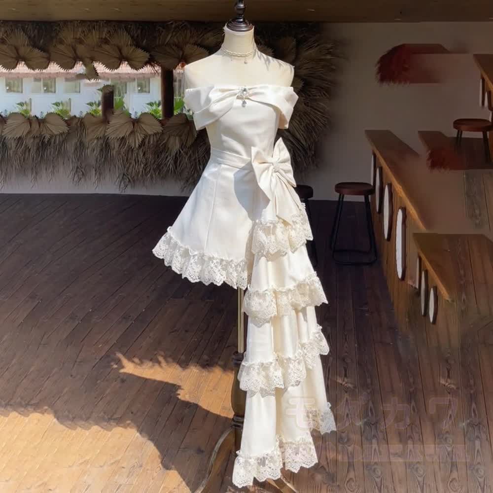 Elegantes, schulterfreies, asymmetrisches Stufenkleid aus Spitze mit Rüschen und Schleife für Damen - Set (Schulterfreies Kleid + Elegante Schleppe) - XL - image 2