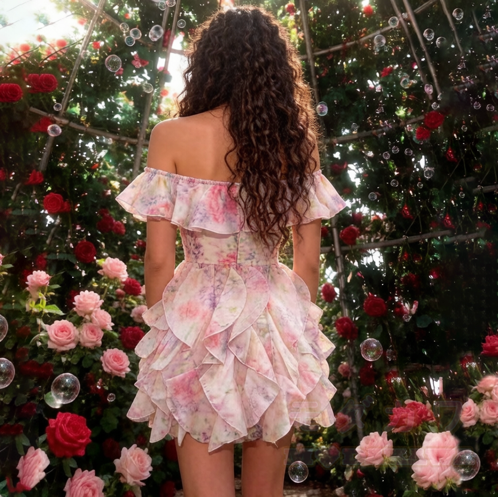 Damen-Minikleid mit Blumenmuster, schulterfrei und Rüschen - image 2