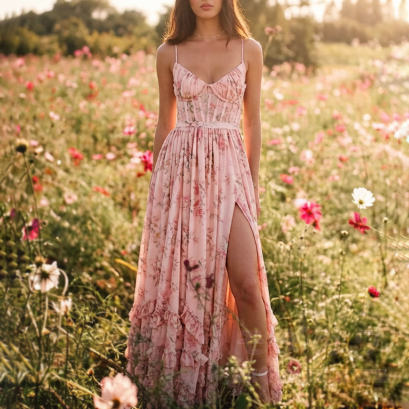 Spaghetti-Träger-Sommerkleid mit hohem Schlitz und Rüschen für Damen – Strandkleid - image 1