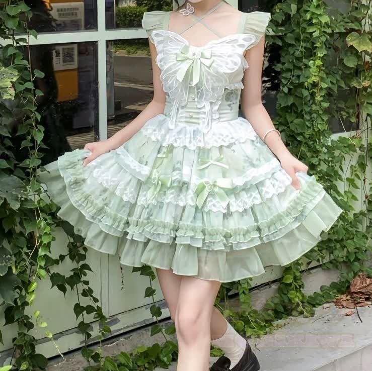 Grünes Sweet Lolita Prinzessinnenkleid mit Schmetterlingsschleife, Spitze und Rüschen für Damen - image 7