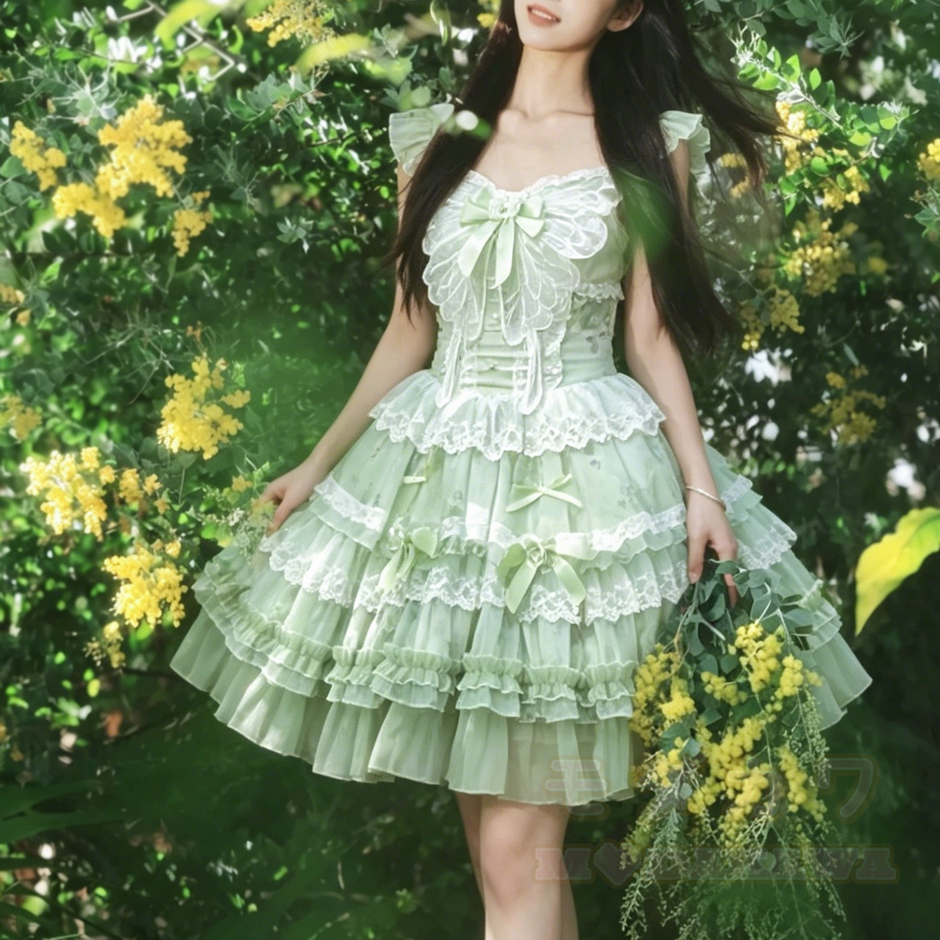 Grünes Sweet Lolita Prinzessinnenkleid mit Schmetterlingsschleife, Spitze und Rüschen für Damen - image 1
