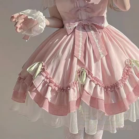 Rosa Sweet Lolita Minikleid mit Schleife, Spitze und Rüschen für Damen - image 3