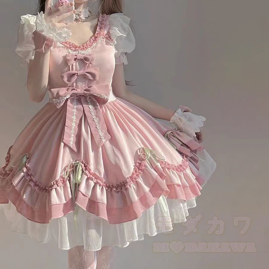 Rosa Sweet Lolita Minikleid mit Schleife, Spitze und Rüschen für Damen - image 2