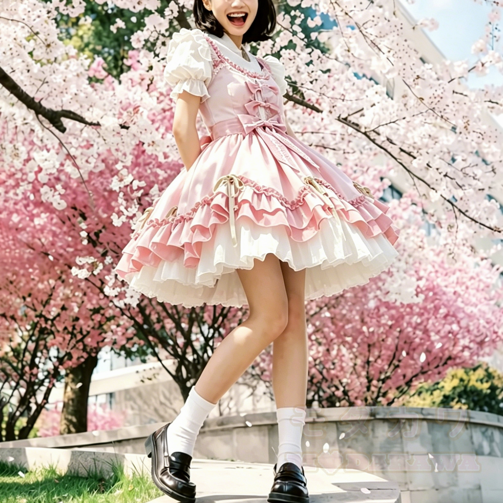 Rosa Sweet Lolita Minikleid mit Schleife, Spitze und Rüschen für Damen - image 1