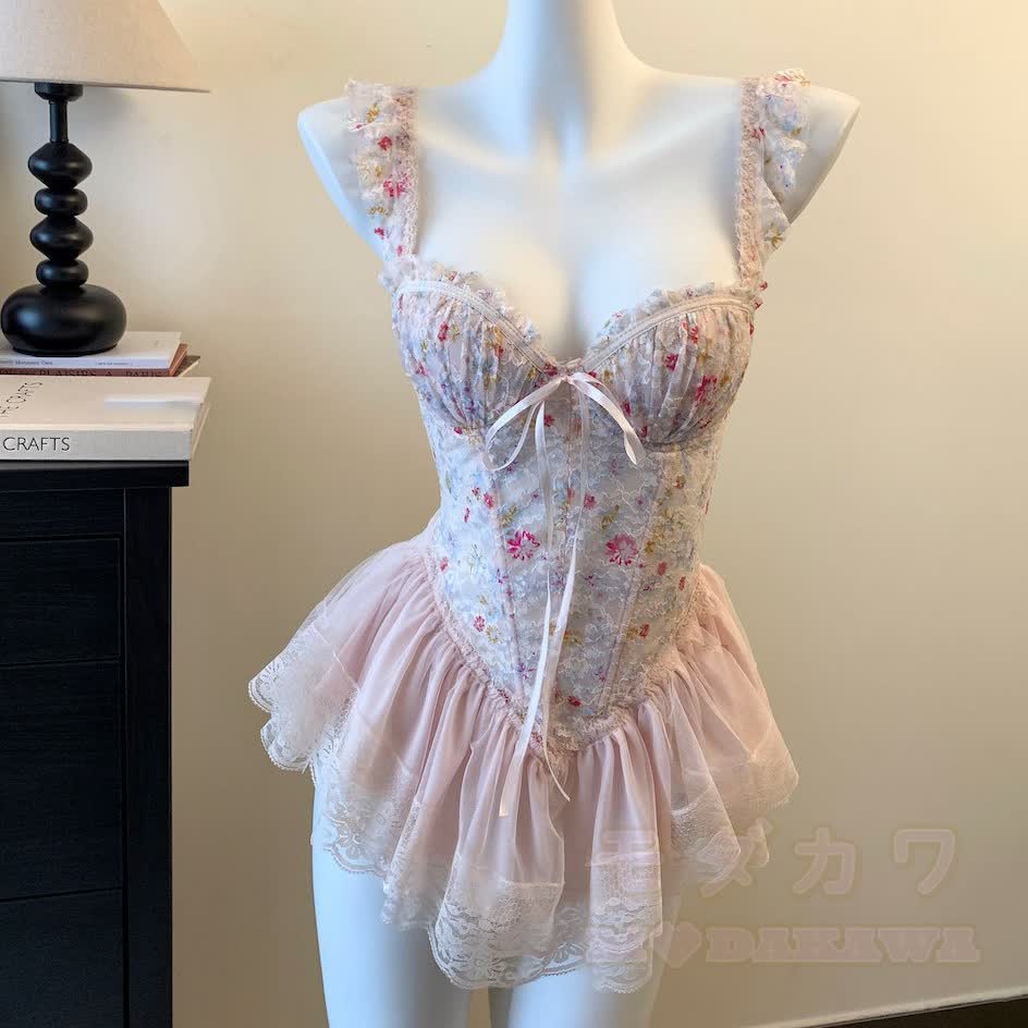 Damen-Korsettkleid aus floraler Spitze mit Rüschen und kokettem Rüschenbustier - Rosa - One Size - image 2