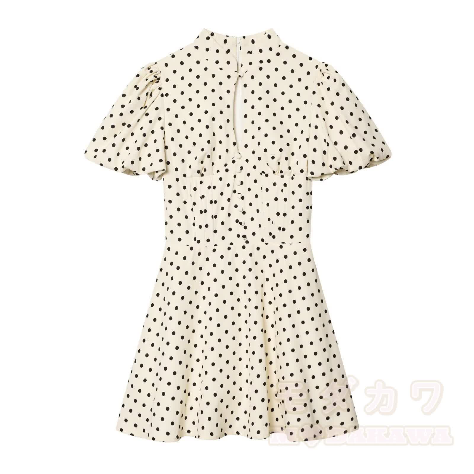 Damenkleid in Creme mit Polka-Dots, Puffärmeln und Schlüssellochausschnitt vorne, A-Linie - Beige - L - image 2