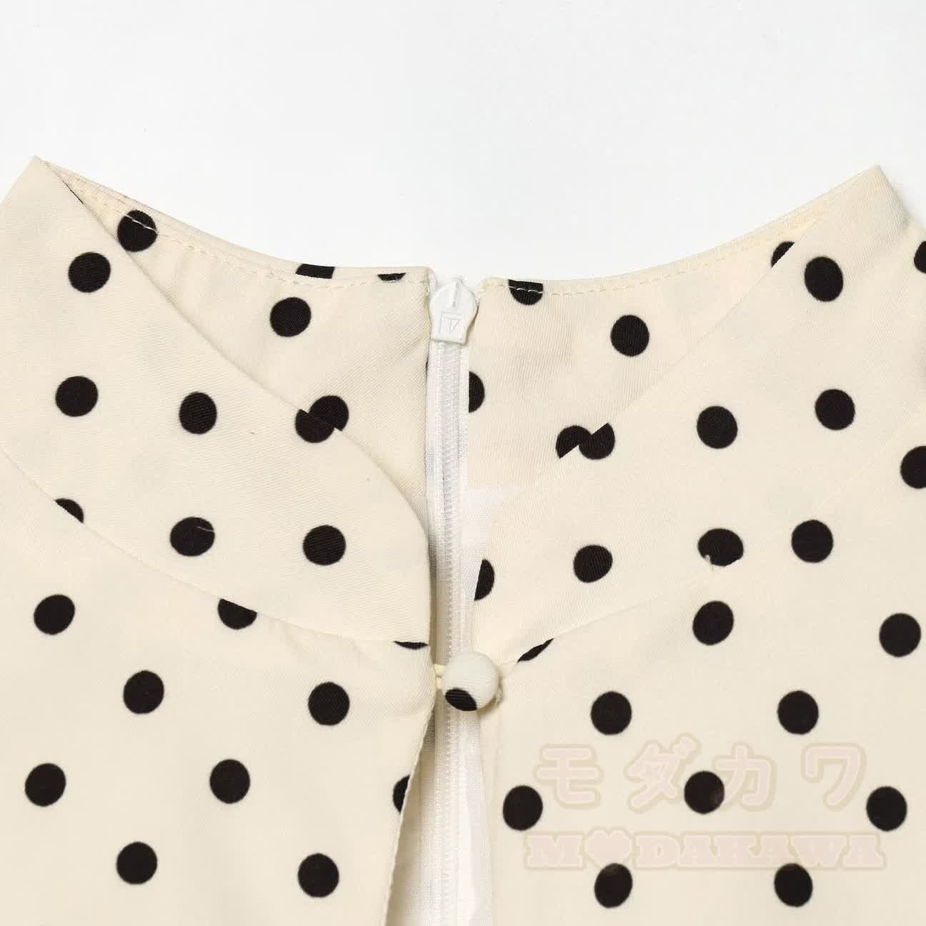 Damenkleid in Creme mit Polka-Dots, Puffärmeln und Schlüssellochausschnitt vorne, A-Linie - image 5