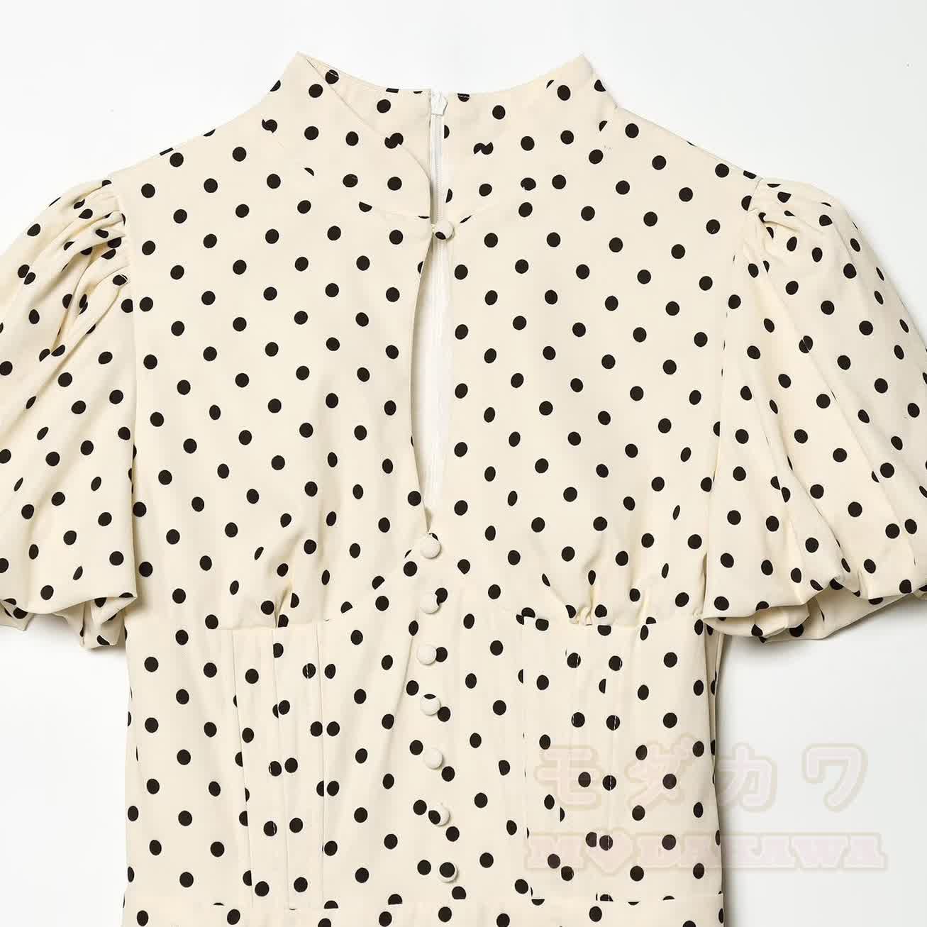 Damenkleid in Creme mit Polka-Dots, Puffärmeln und Schlüssellochausschnitt vorne, A-Linie - image 3