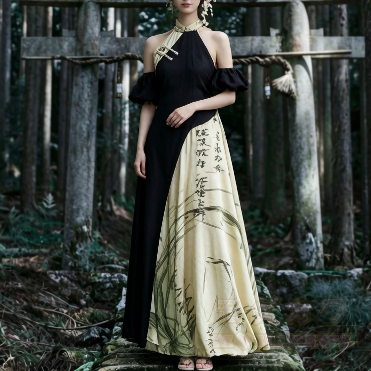 Neckholder-Kleid mit Tintenmuster und schulterfreiem A-Linien-Ausschnitt - image 1