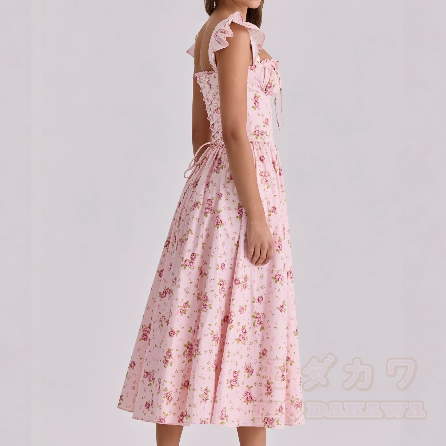 Sommerkleid im Cottagecore-Stil mit Blumenmuster, Rüschen, Trägern, eckigem Ausschnitt - image 2