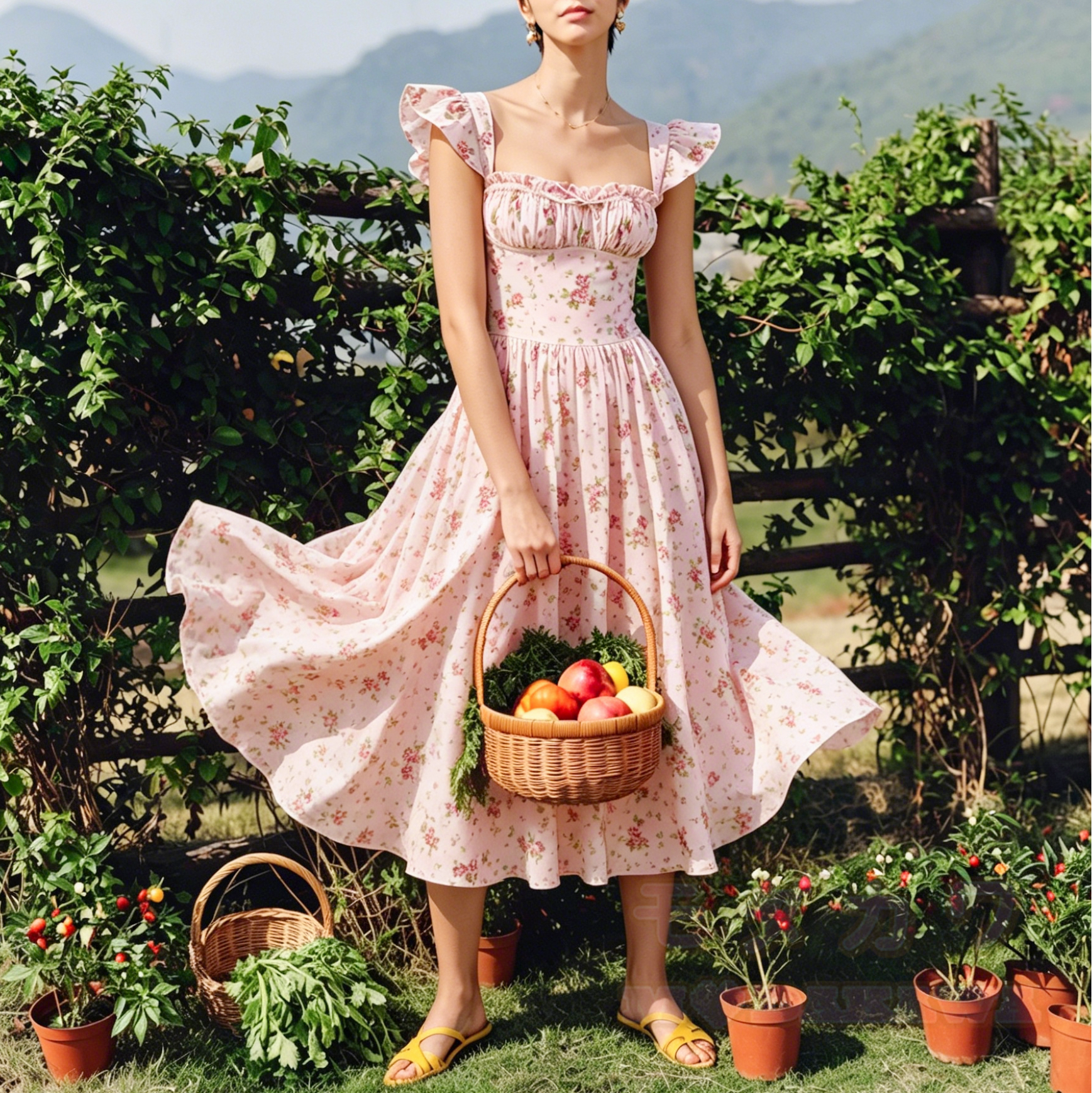 Sommerkleid im Cottagecore-Stil mit Blumenmuster, Rüschen, Trägern, eckigem Ausschnitt - image 1