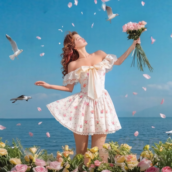 Sommerkleid im Cottagecore-Stil mit Blumenmuster, schulterfrei, Schleife, Spitze und Rüschen - image 1