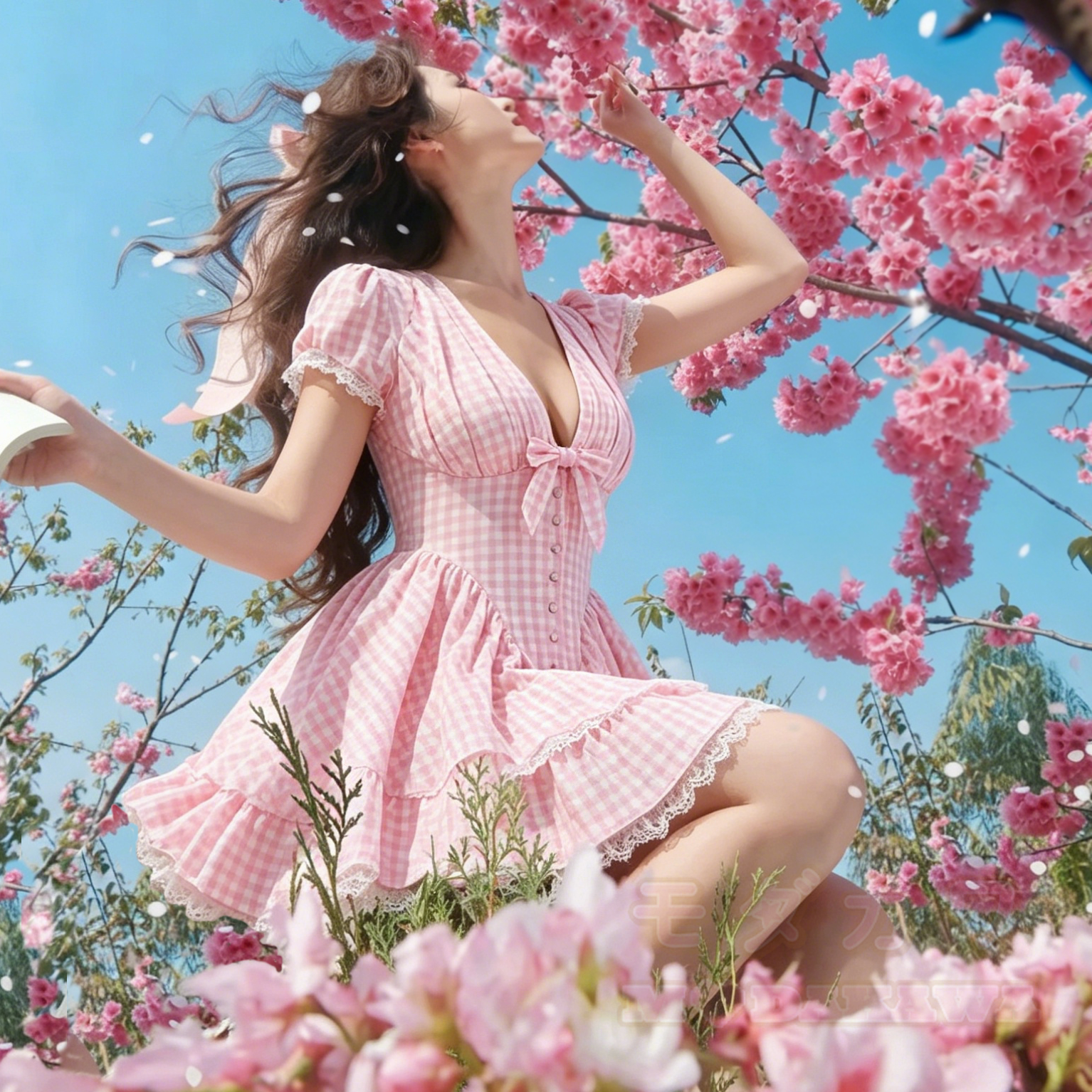 Sommerkleid im Cottagecore-Stil mit Vichy-Karo, Schleife, V-Ausschnitt, Spitzenbesatz und Cottagecore-Verzierung - image 1