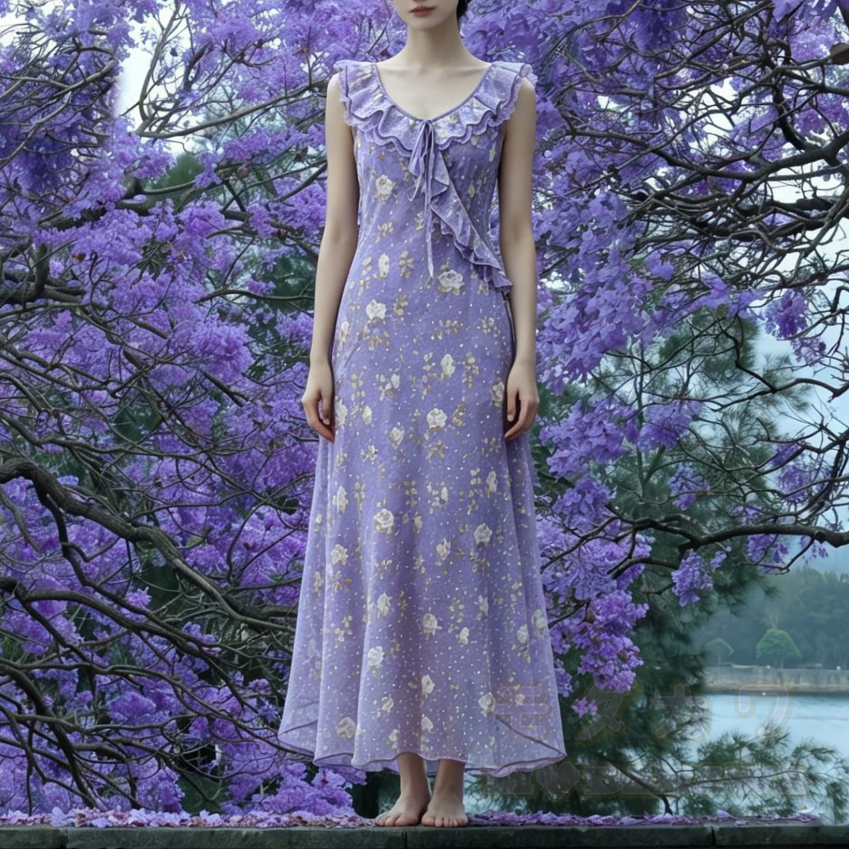 Lavendelfarbenes, geblümtes Rüschenkleid mit V-Ausschnitt und transparentem Mesh-Unterkleid - image 2