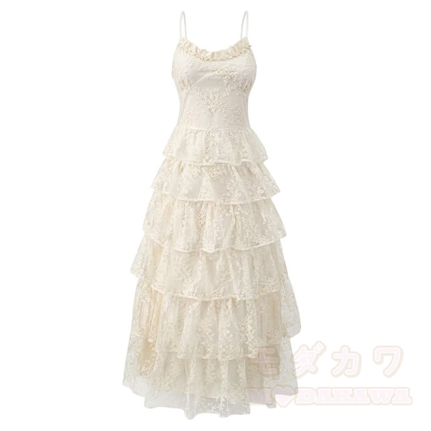 Spitzen-Stufenkleid mit Spaghettiträgern und Rüschen, Fairycore-Sommer-Strandkleid - Beige - L - image 2