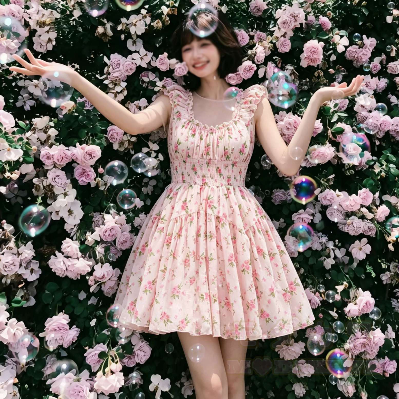 Sommerkleid im Cottagecore-Stil mit Blumenmuster, geraffter Taille und Puffärmeln - image 2