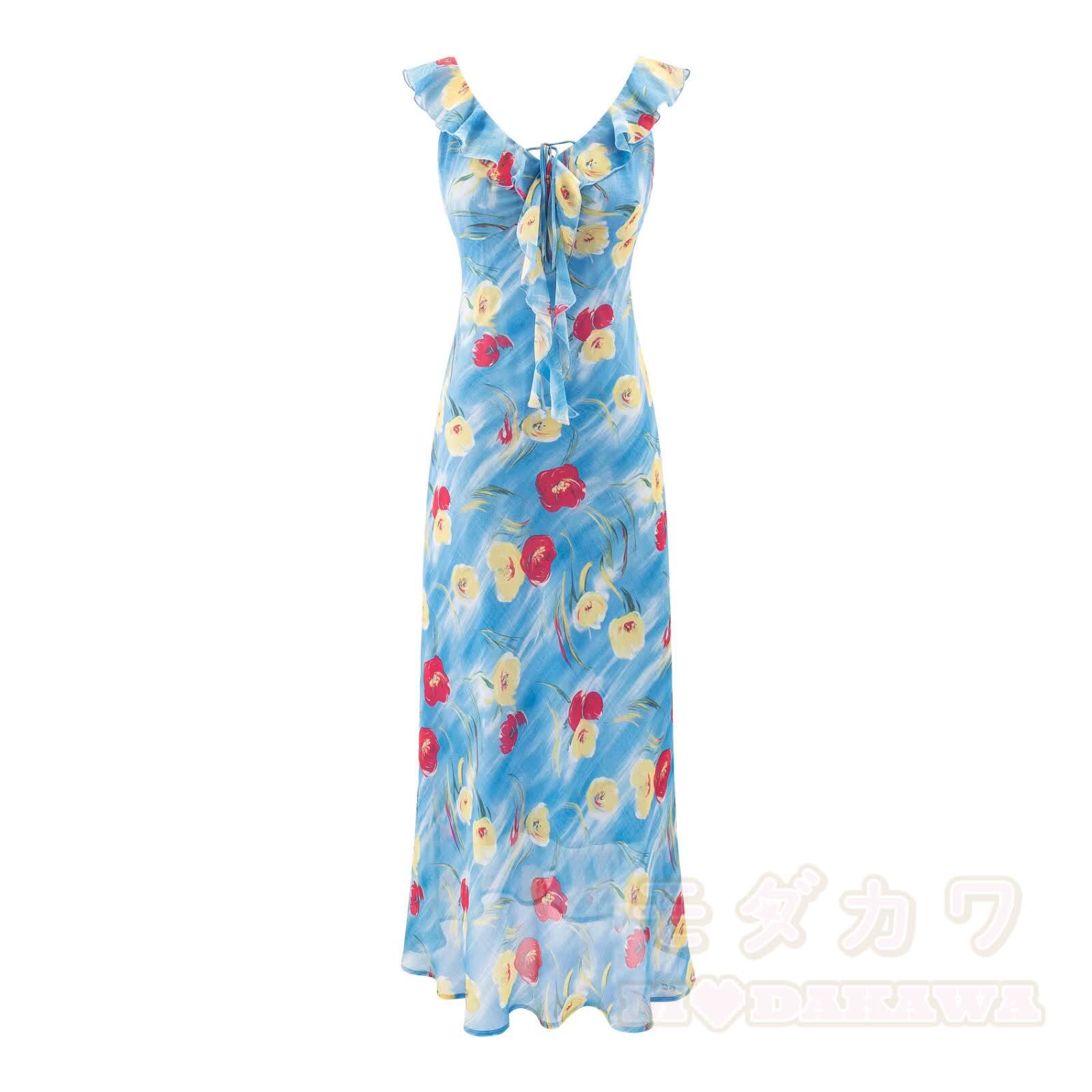 Sommerkleid für Strandurlaub mit Blumenmuster, Rüschen, V-Ausschnitt und Bindeband vorne - Blau - L - image 2