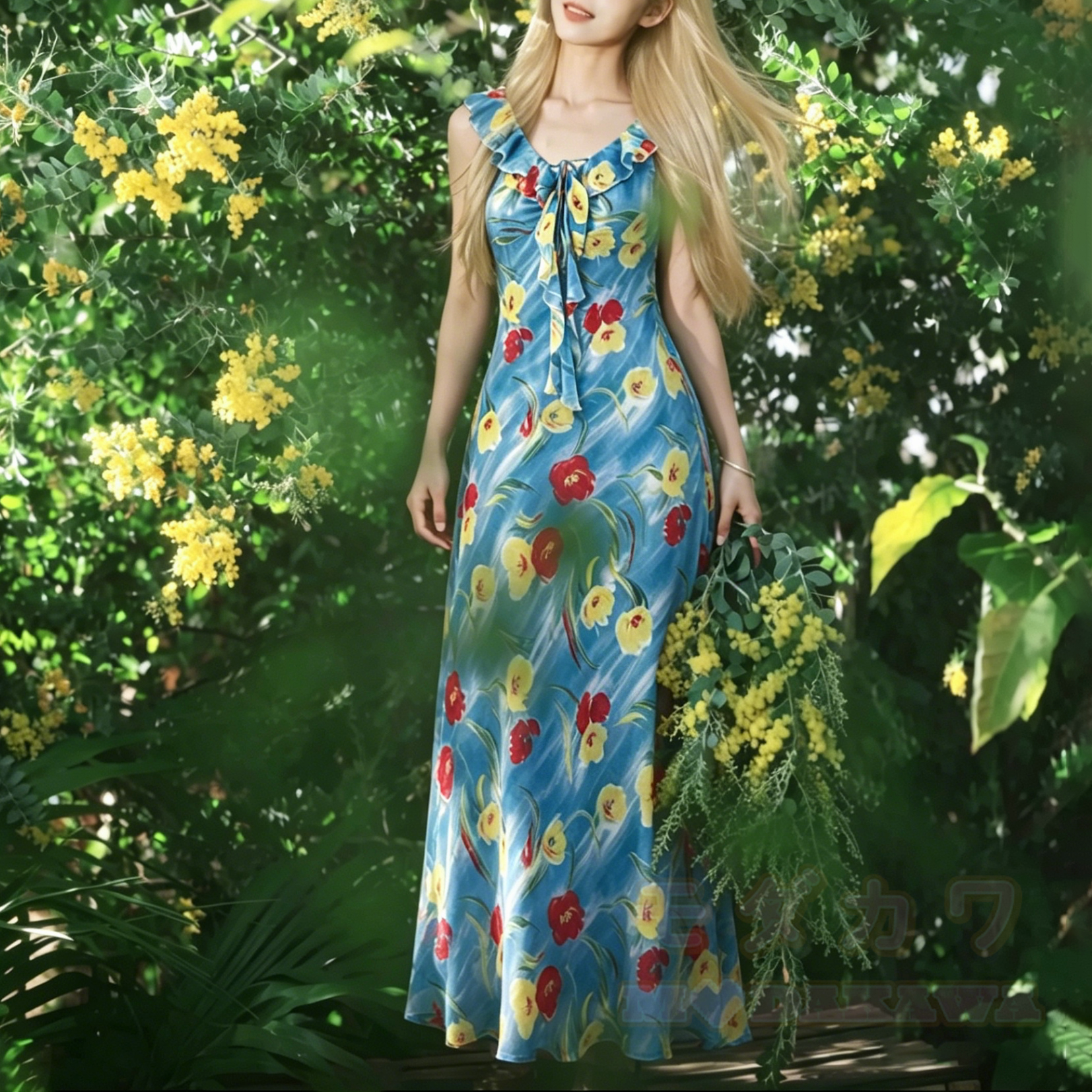 Sommerkleid für Strandurlaub mit Blumenmuster, Rüschen, V-Ausschnitt und Bindeband vorne - image 1