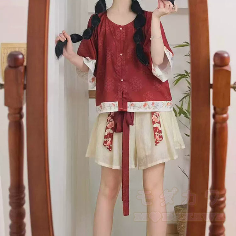 Zweiteiliges Set im chinesischen Blumenstil: Oberteil und Shorts - image 4