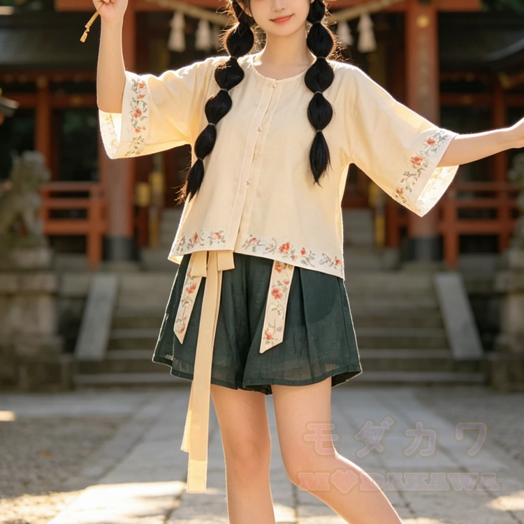 Zweiteiliges Set im chinesischen Blumenstil: Oberteil und Shorts - image 2
