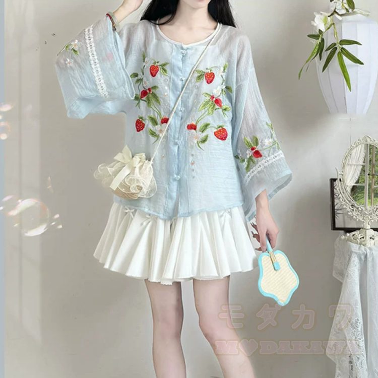 Hanfu-Set mit Erdbeerstickerei: Zweiteiliges Set aus Oberteil und Rock - Satz A - XL - image 5