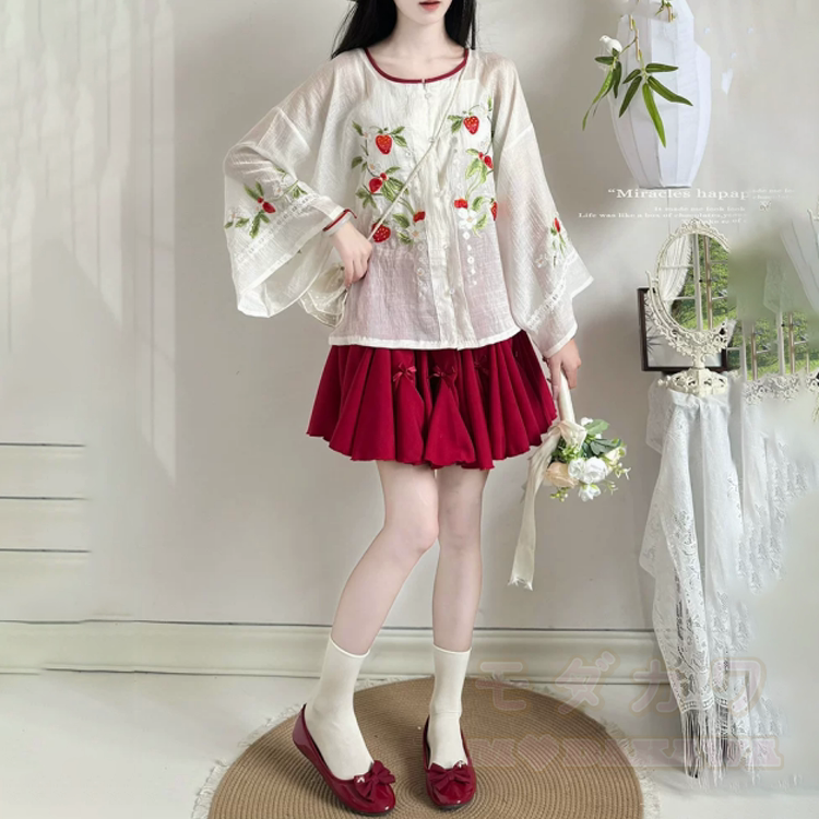 Hanfu-Set mit Erdbeerstickerei: Zweiteiliges Set aus Oberteil und Rock - Satz B - XL - image 2