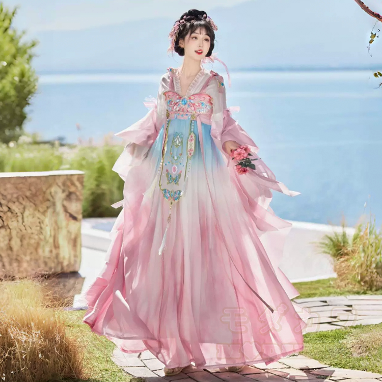 Zweiteiliges Set aus Hanfu-Oberteil und -Kleid mit Schmetterlingsmotiv - Rosa - 2XL - image 7
