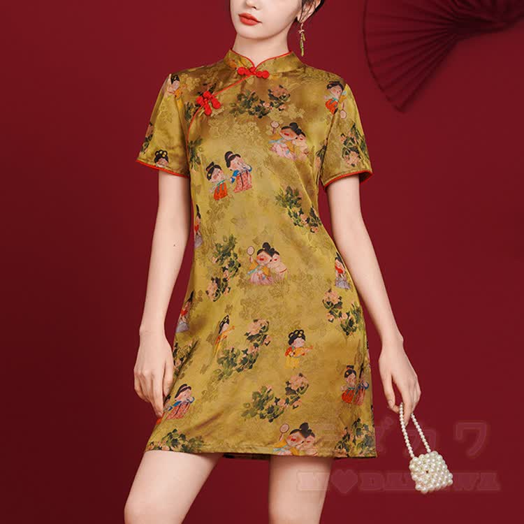 Qipao-Kleid im chinesischen Stil mit Stehkragen und kurzen Ärmeln - Gelb - 4XL - image 1