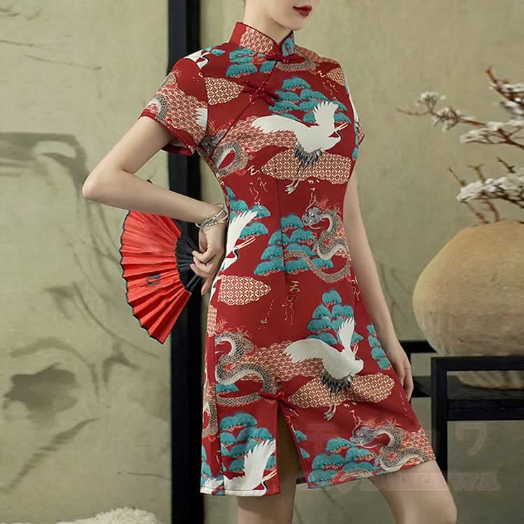 Qipao-Kleid im chinesischen Stil mit Drachen- und Kranichmotiv, Stehkragen und kurzen Ärmeln - image 2