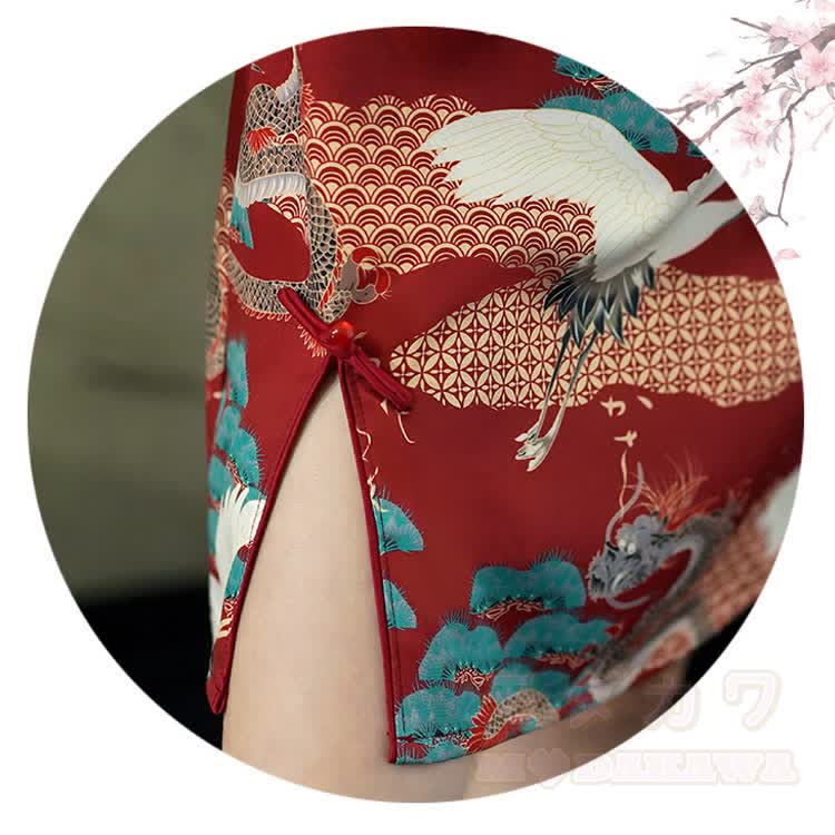 Qipao-Kleid im chinesischen Stil mit Drachen- und Kranichmotiv, Stehkragen und kurzen Ärmeln - image 5