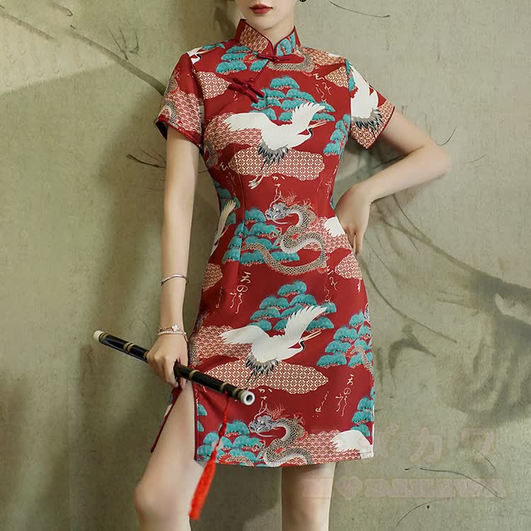 Qipao-Kleid im chinesischen Stil mit Drachen- und Kranichmotiv, Stehkragen und kurzen Ärmeln - Rot - 4XL - image 1
