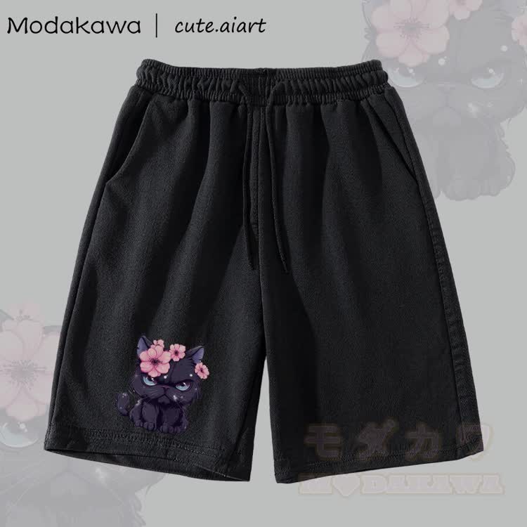 MODAKAWA X cute.aiart Schwarze Kitty Grafik-Shorts - Schwarz - 5XL - image 2