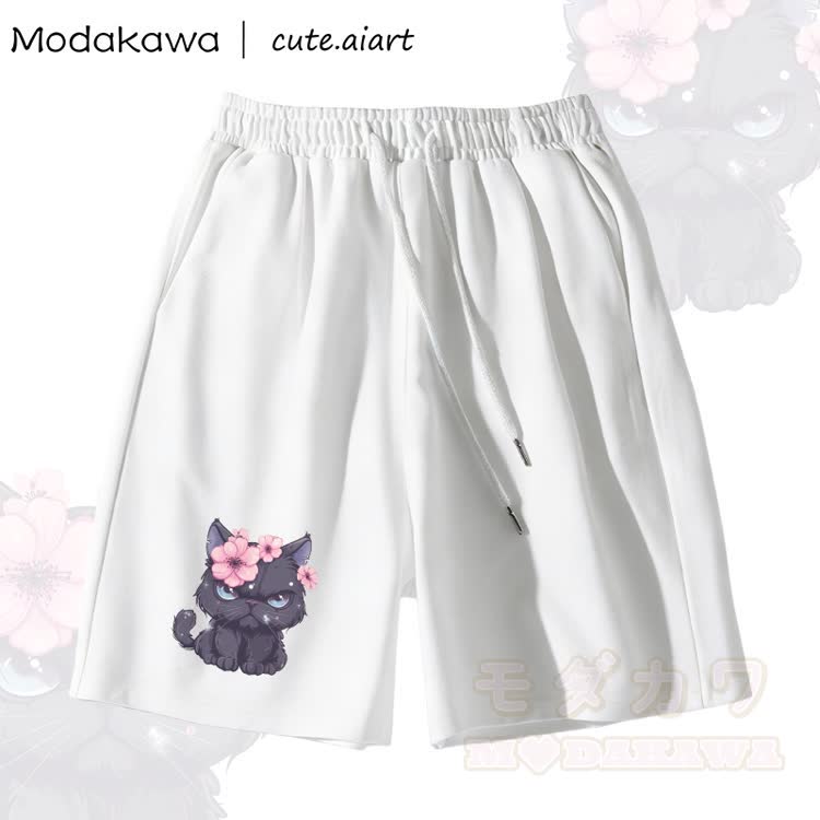 MODAKAWA X cute.aiart Schwarze Kitty Grafik-Shorts - Weiß - 5XL - image 1