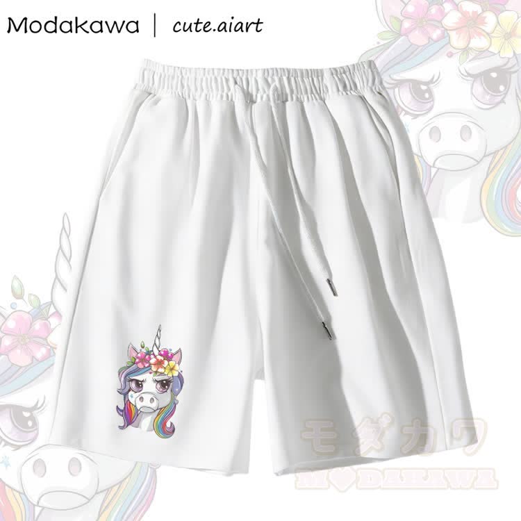MODAKAWA X cute.aiart Shorts mit Blumen-Einhorn-Grafik - Weiß - 5XL - image 1