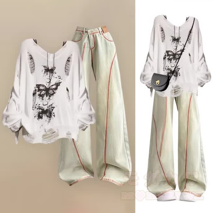 Oberteil mit Schmetterlingsmotiv im Used-Look, dazu passende Jeans mit weitem Bein - Satz - 3XL - image 1