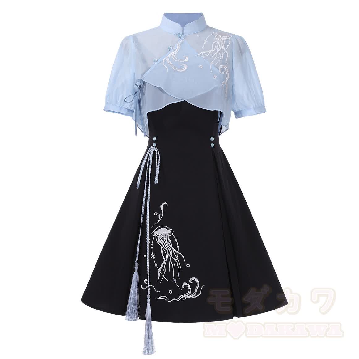 Transparentes Oberteil mit Stehkragen, besticktes Unterkleid mit Quallenmotiv, passendes Outfit - image 1