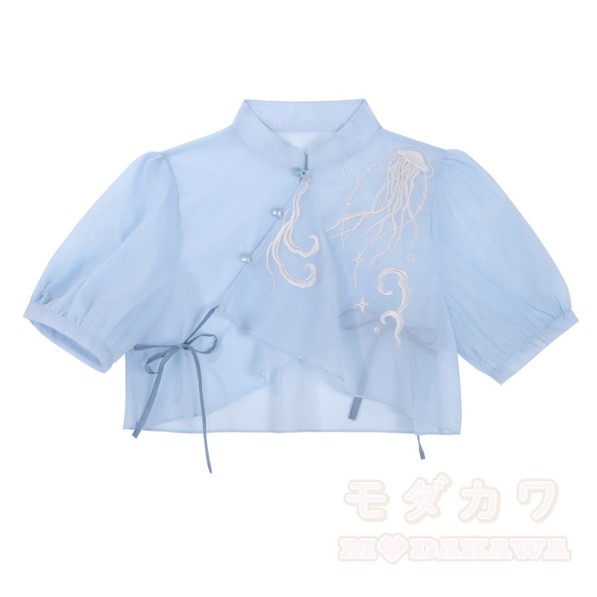 Transparentes Oberteil mit Stehkragen, besticktes Unterkleid mit Quallenmotiv, passendes Outfit - Top (Single) - XL - image 2