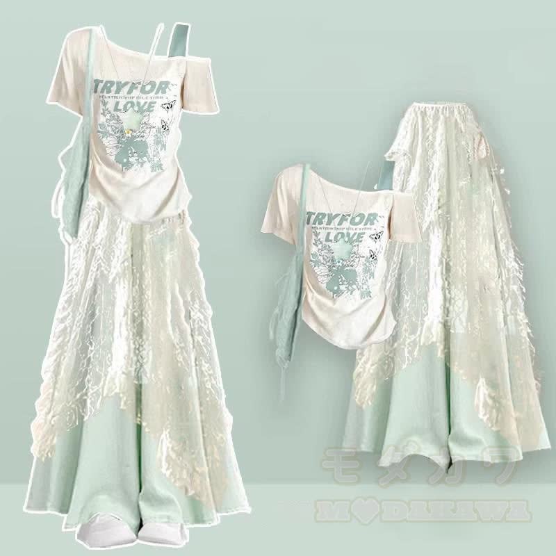 Dreiteiliges Set: Oberteil mit asymmetrischer Spitze, Rock mit weitem Bein, Hose und Rock - Satz - XL - image 1
