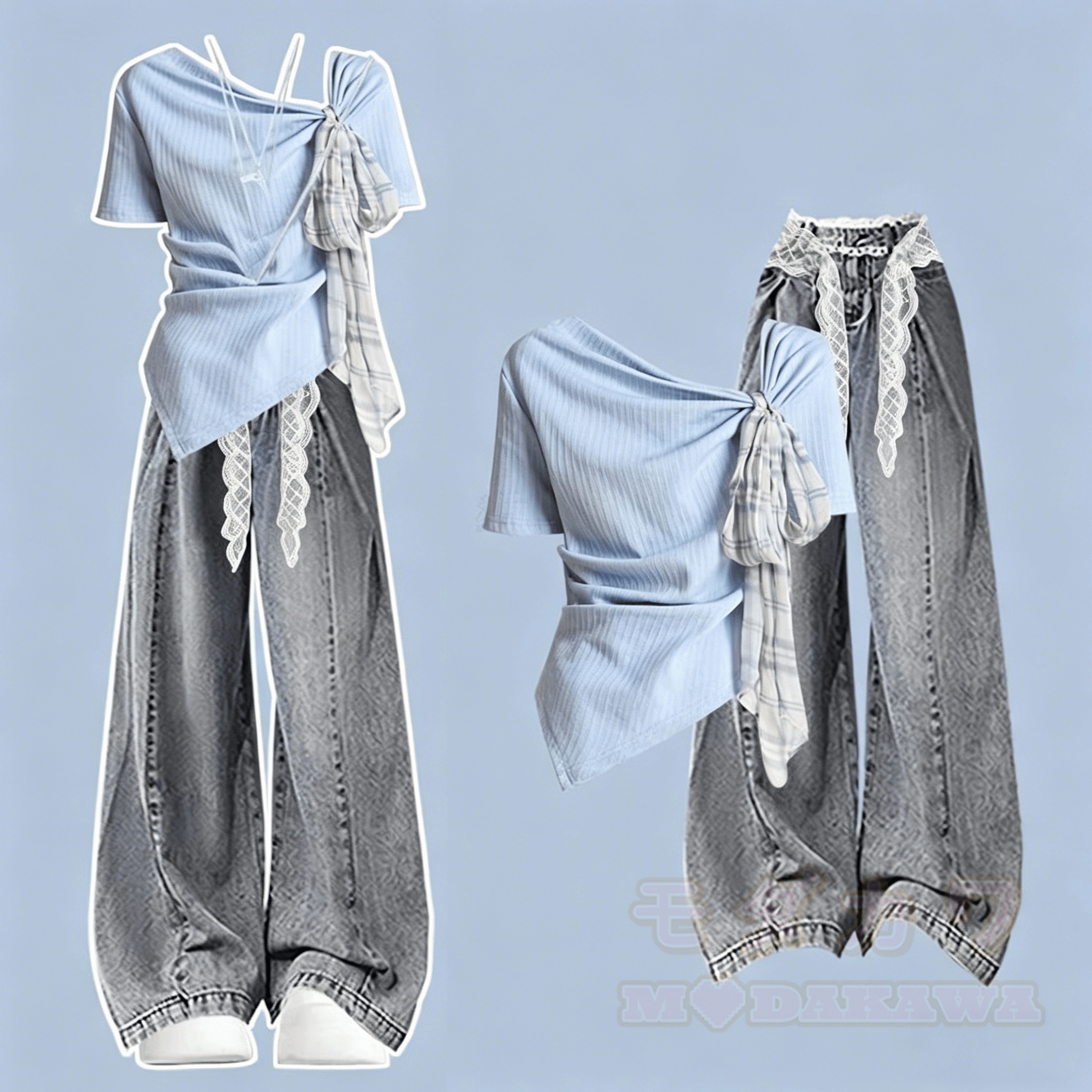 Zweiteiliges Set aus unregelmäßigem Oberteil, Spitzenhose und weitem Bein aus Denim - Satz - L - image 1