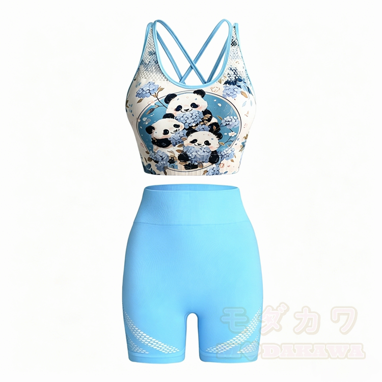 Panda-Grafik, gekreuztes Rückenteil, Sporttop, Shorts, passendes Outfit - image 2