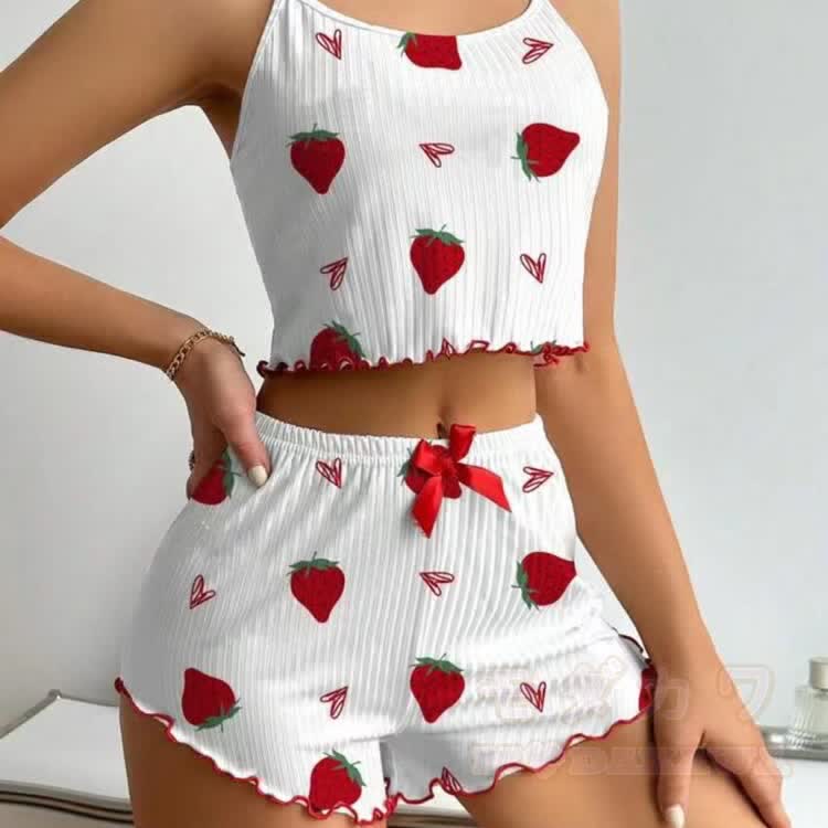 Zweiteiliges Set aus Camisole-Top und Shorts mit Fruchtherz-Grafik - Weiß【Erdbeere】 - 3XL - image 2