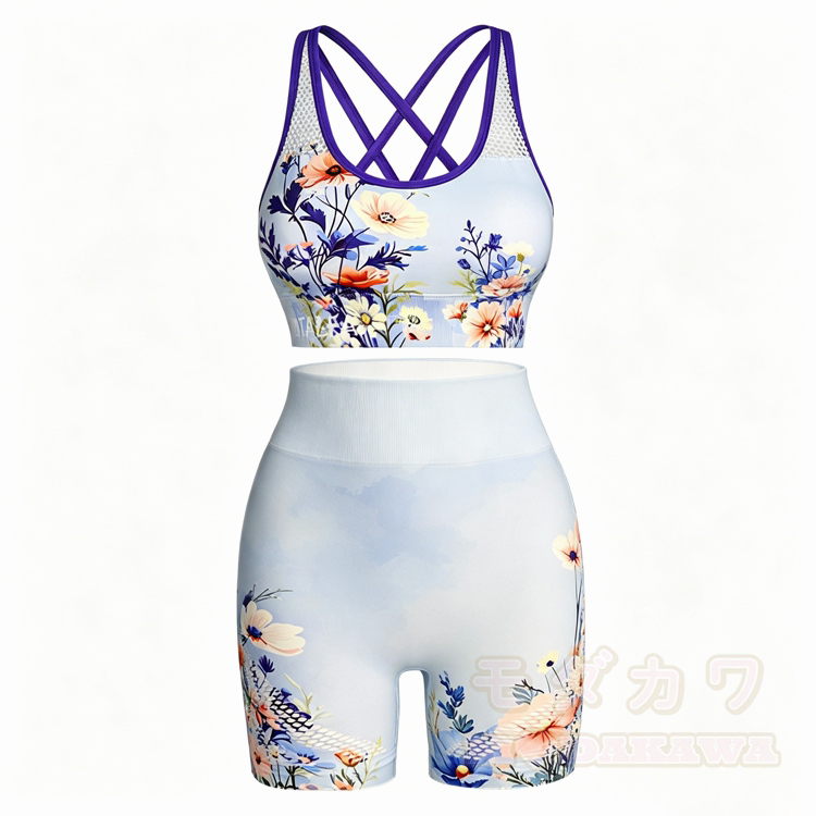 Sporttop mit Blumenmuster, gekreuztem Rückenausschnitt und passender Shorts - image 2