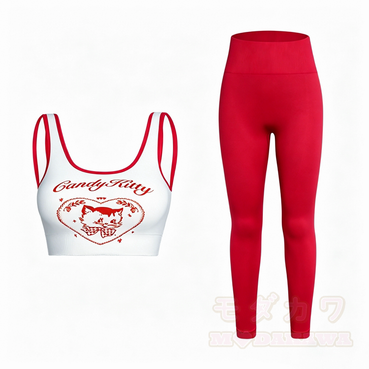 Sporttop mit Katzenmotiv, Leggings und passendem Outfit - Rotes Set - L - image 2