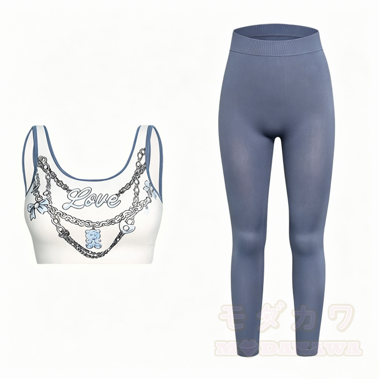 Sporttop mit Liebesketten-Bären-Motiv, Leggings und passendem Outfit - Blaues Set - L - image 2
