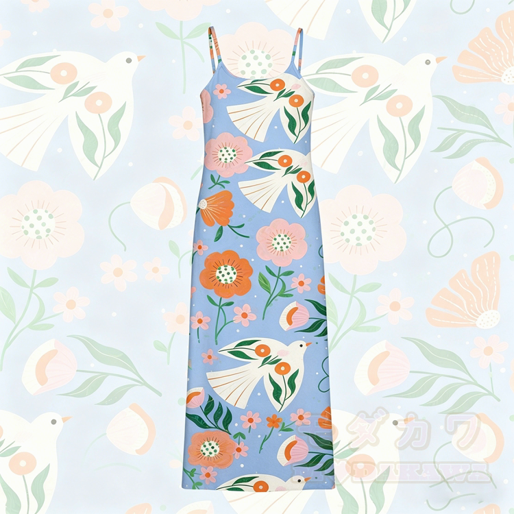 Modakawa Slipkleid mit Blumen- und Vogelmotiv - Blau - 5XL - image 1