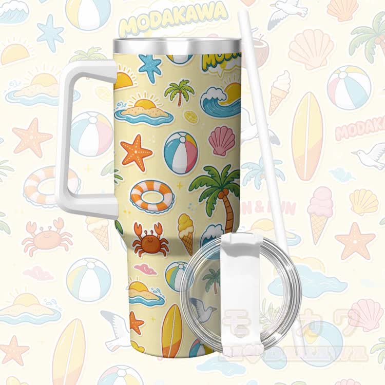 Sommerlicher Strand-Grafik-Modakawa-Edelstahl-Isolierbecher mit Griff und Strohhalm - Gelb - 40 oz / 1200 ml - image 2
