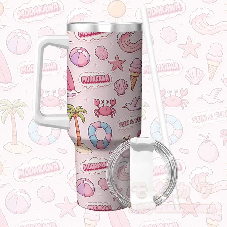 Pinkfarbener Edelstahl-Isolierbecher mit Modakawa-Griff und Strohhalm für sommerliche Strandmotive - Rosa - 40 oz / 1200 ml - image 2