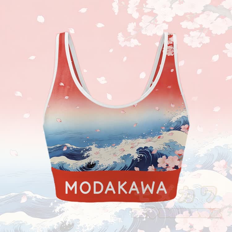 Wave Graphic Crop Tank Sport Top Skirt Bikini Modakawa Matching Outfit - Red Top - 4XL - image 2